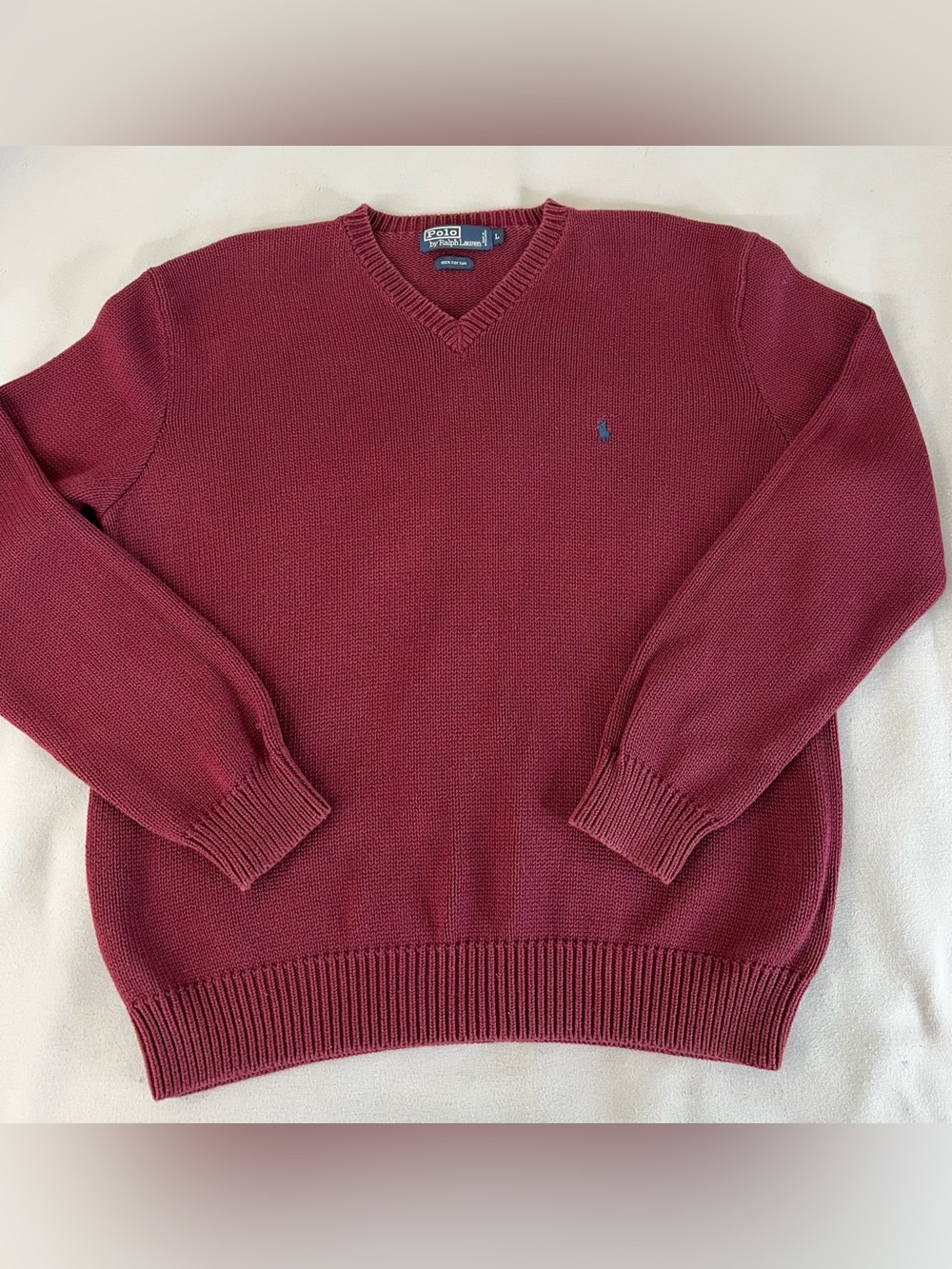 Vintage Polo by Ralph Lauren V Neck Burgundy Knit Sweater Large 100% Cottony
